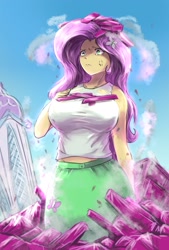 Size: 1377x2039 | Tagged: safe, artist:oberon826, derpibooru import, fluttershy, equestria girls, my little pony: pony life, big breasts, breasts, cloud, cross-popping veins, destruction, equestria girls interpretation, female, giantess, giantshy, growth, hootershy, macro, scene interpretation, sky