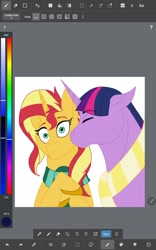 Size: 640x1024 | Tagged: safe, artist:stargazerseven, derpibooru import, dusk shine, sunset shimmer, twilight sparkle, pony, unicorn, bust, clothes, colored, eyes closed, female, kiss on the cheek, kissing, lesbian, male, rule 63, scarf, shipping, stallion, straight, sunsetsparkle, wide eyes