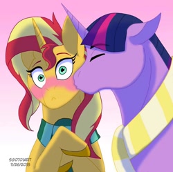 Size: 1080x1077 | Tagged: safe, alternate version, artist:stargazerseven, derpibooru import, dusk shine, sunset shimmer, twilight sparkle, pony, unicorn, blushing, bust, clothes, colored, duskshimmer, eyes closed, female, gradient background, kiss on the cheek, kissing, male, rule 63, scarf, shipping, stallion, straight, sunsetsparkle, wide eyes