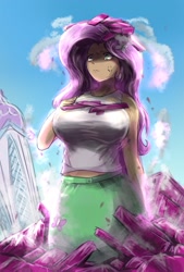 Size: 1377x2039 | Tagged: safe, alternate version, artist:oberon826, derpibooru import, fluttershy, equestria girls, my little pony: pony life, big breasts, breasts, cloud, cross-popping veins, destruction, equestria girls interpretation, female, giantess, giantshy, growth, hootershy, human coloration, macro, scene interpretation, sky