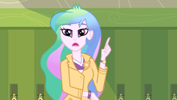 Size: 1920x1080 | Tagged: safe, derpibooru import, screencap, princess celestia, principal celestia, equestria girls, friendship games, bracelet, female, jewelry, lockers, solo, sun