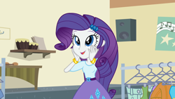 Size: 1920x1080 | Tagged: safe, derpibooru import, screencap, rarity, equestria girls, friendship games, bracelet, clothes, clothes rack, cute, female, jewelry, raribetes, skirt, solo