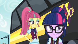 Size: 1920x1080 | Tagged: safe, derpibooru import, screencap, sci-twi, sour sweet, twilight sparkle, equestria girls, friendship games, bowtie, bus, glasses, ponytail