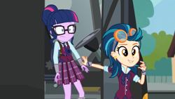 Size: 1920x1080 | Tagged: safe, derpibooru import, screencap, indigo zap, sci-twi, twilight sparkle, equestria girls, friendship games, bus, clothes, crystal prep academy uniform, earring, glasses, goggles, piercing, pushing, school uniform