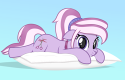 Size: 3542x2262 | Tagged: safe, artist:chomakony, derpibooru import, oc, oc only, oc:zoasie, earth pony, pony, cheek squish, earth pony oc, female, gradient background, looking at you, lying down, mare, pillow, ponytail, scissors, show accurate, simple background, solo, squishy cheeks, tail