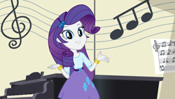 Size: 1920x1080 | Tagged: safe, derpibooru import, screencap, rarity, equestria girls, friendship games, bracelet, clothes, female, jewelry, looking at you, music notes, musical instrument, piano, skirt, solo