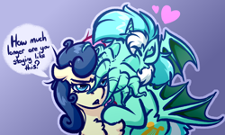 Size: 4000x2400 | Tagged: safe, artist:witchtaunter, derpibooru import, bon bon, lyra heartstrings, sweetie drops, alicorn, earth pony, pony, bat wings, body horror, bon bon is not amused, chest fluff, cthulhu, cthulhu mythos, ear fluff, eldritch abomination, floppy ears, gradient background, halloween, holiday, hug, kissing, l.u.l.s., not salmon, species swap, tentacles, unamused, wat, wings