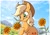 Size: 1457x1032 | Tagged: safe, artist:mochi_nation, derpibooru import, applejack, earth pony, pony, blushing, cute, day, female, flower, flower field, jackabetes, mare, mouth hold, solo, sunflower