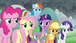 Size: 1920x1080 | Tagged: safe, derpibooru import, screencap, applejack, fluttershy, pinkie pie, rainbow dash, rarity, spike, twilight sparkle, twilight sparkle (alicorn), alicorn, dragon, earth pony, pegasus, pony, unicorn, the ending of the end, mane six, winged spike