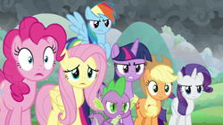 Size: 1920x1080 | Tagged: safe, derpibooru import, screencap, applejack, fluttershy, pinkie pie, rainbow dash, rarity, spike, twilight sparkle, twilight sparkle (alicorn), alicorn, dragon, earth pony, pegasus, pony, unicorn, the ending of the end, mane six, winged spike