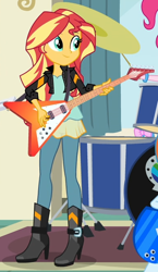 Size: 388x668 | Tagged: safe, derpibooru import, screencap, sunset shimmer, equestria girls, friendship games, boots, clothes, cropped, electric guitar, guitar, leggings, musical instrument, shoes, solo focus