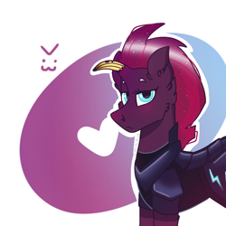Size: 768x768 | Tagged: safe, artist:valkiria, derpibooru import, tempest shadow, pony, unicorn, >:3, armor, banana, broken horn, cute, fake horn, female, food, heart, horn, looking at you, mare, simple background, tempest gets her horn back, unimpressed