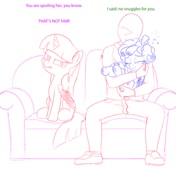 Size: 2500x2417 | Tagged: safe, artist:vito, cozy glow, twilight sparkle, oc, oc:anon, alicorn, human, pegasus, pony, a better ending for cozy, anon's couch, cozybetes, cute, dialogue, female, filly, male, simple background, sitting, snuggling, underhoof, white background