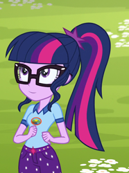 Size: 764x1026 | Tagged: safe, derpibooru import, edit, edited screencap, editor:mycarhasamoustache, screencap, sci-twi, twilight sparkle, equestria girls, legend of everfree, camp everfree outfits, cropped, smile edit, solo