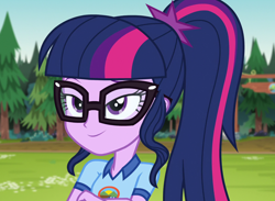 Size: 1474x1080 | Tagged: safe, derpibooru import, screencap, sci-twi, twilight sparkle, equestria girls, legend of everfree, camp everfree outfits, cropped, smiling, solo