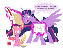 Size: 6000x4500 | Tagged: safe, artist:chub-wub, derpibooru import, luster dawn, princess twilight 2.0, twilight sparkle, twilight sparkle (alicorn), alicorn, pony, unicorn, the last problem, airpods, bowl, cellphone, chips, cross-popping veins, duo, feather, female, food, friendship lesson, friendship report, glowing horn, horn, iphone, levitation, magic, mare, messy mane, nintendo, nintendo switch, open mouth, panicking, paper, phone, quill, raised hoof, simple background, sitting, smartphone, soda, stressed, telekinesis, this will end in detention, transparent background, twilighting