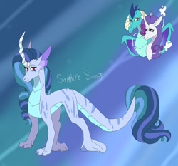 Size: 1280x1192 | Tagged: safe, artist:mayflower-mlp, derpibooru import, princess ember, rarity, oc, oc:sapphire song, dracony, dragon, hybrid, pony, unicorn, abstract background, curved horn, dragoness, emberity, female, horn, interspecies offspring, lesbian, magical lesbian spawn, offspring, parent:princess ember, parent:rarity, parents:emberity, quadrupedal, shipping
