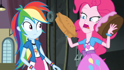 Size: 1920x1080 | Tagged: safe, derpibooru import, screencap, pinkie pie, rainbow dash, equestria girls, friendship games, cake, duo, female, food, pie, pinkie being pinkie