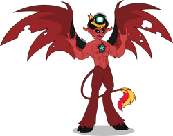 Size: 4000x3132 | Tagged: safe, artist:orin331, derpibooru import, sunset glare, sunset satan, sunset shimmer, demon, satyr, equestria girls, abs, corrupted, devil horn (gesture), element of magic, evil, evil grin, grin, magic, male, muscles, muscular male, rule 63, sharp teeth, simple background, smiling, solo, teeth, transparent background, wings