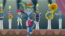 Size: 1920x1080 | Tagged: safe, derpibooru import, screencap, majorette, rainbow dash, equestria girls, friendship games, background human, chs rally song, clothes, compression shorts, cute, dashabetes, drum, female, feminism, rainbow dash always dresses in style, shako, shirt, sweatshirt, t-shirt, trombone, trumpet