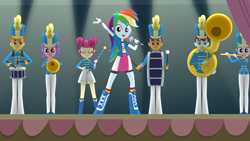 Size: 1920x1080 | Tagged: safe, derpibooru import, screencap, majorette, rainbow dash, equestria girls, friendship games, background human, boots, chs rally song, clothes, compression shorts, drum, female, feminism, rainbow dash always dresses in style, shako, shirt, shoes, skirt, sweatshirt, t-shirt, trombone, trumpet