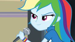 Size: 1920x1080 | Tagged: safe, derpibooru import, screencap, rainbow dash, equestria girls, friendship games, female, microphone, solo