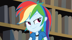 Size: 1920x1080 | Tagged: safe, derpibooru import, screencap, rainbow dash, equestria girls, friendship games, book, bookshelf, clothes, cunning plan, faic, female, smug, solo