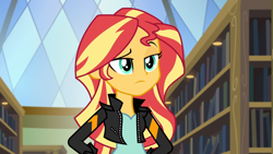 Size: 1920x1080 | Tagged: safe, derpibooru import, screencap, sunset shimmer, equestria girls, friendship games, female, frown, library, solo, unamused