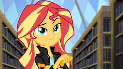 Size: 1920x1080 | Tagged: safe, derpibooru import, screencap, sunset shimmer, equestria girls, friendship games, female, lidded eyes, smiling, smirk, solo