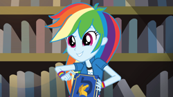 Size: 1920x1080 | Tagged: safe, derpibooru import, screencap, rainbow dash, equestria girls, friendship games, book, bookshelf, cute, female, solo