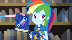 Size: 1920x1080 | Tagged: safe, derpibooru import, screencap, pinkie pie, rainbow dash, equestria girls, friendship games, book, bookshelf, female