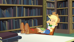 Size: 1920x1080 | Tagged: safe, derpibooru import, screencap, applejack, equestria girls, friendship games, book, bookshelf, boots, clothes, cowboy boots, feet on table, female, one eye closed, seductive, shoes, solo, the "superman wink", wink