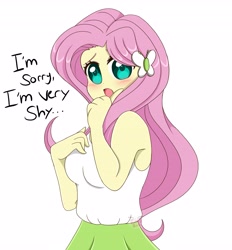 Size: 3803x4096 | Tagged: safe, artist:kittyrosie, derpibooru import, fluttershy, equestria girls, blushing, breasts, clothes, colored pupils, cute, dialogue, digital art, female, high res, hootershy, looking at you, open mouth, shy, shyabetes, simple background, solo, text, white background