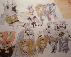 Size: 1280x1017 | Tagged: safe, artist:jebens1, derpibooru import, adagio dazzle, aria blaze, sonata dusk, equestria girls, dazzling, facepalm, hands up, imprisoned, screaming, teenage mutant ninja turtles, the dazzlings, traditional art