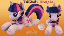 Size: 1920x1080 | Tagged: safe, artist:steam-loco, derpibooru import, twilight sparkle, twilight sparkle (alicorn), alicorn, pony, bedroom eyes, collar, cutie mark, embroidery, female, folded wings, heart, horn, photo, plushie, solo, wings