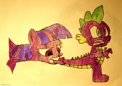 Size: 710x500 | Tagged: safe, artist:and now... a derpibooru user, derpibooru import, spike, twilight sparkle, dragon, pony, biting, drawing, episode needed, scene interpretation, spikeabuse, tail bite, traditional art