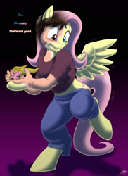 Size: 1772x2430 | Tagged: safe, artist:catmonkshiro, derpibooru import, fluttershy, human, pegasus, pony, clothes, commission, cutie mark, digital art, element of kindness, gritted teeth, holding, hooves, human to pony, male to female, rule 63, shocked, shocked expression, simple background, solo, tail, text, transformation, transgender transformation, wing growth, wings