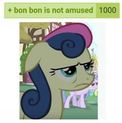 Size: 1008x1015 | Tagged: safe, derpibooru import, edit, edited screencap, screencap, bon bon, lemon hearts, sea swirl, seafoam, sweetie drops, magical mystery cure, bon bon is not amused, derpibooru, floppy ears, meta, tags, unamused