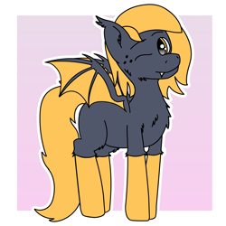 Size: 2400x2400 | Tagged: safe, artist:tav, derpibooru import, oc, oc:seira, bat pony, pony, bat wings, chest fluff, clothes, ear fluff, fangs, fluffy, one eye closed, simple background, socks, solo, wings, wink