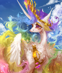 Size: 1268x1495 | Tagged: safe, artist:maggephah, derpibooru import, princess celestia, alicorn, pony, chest fluff, crown, cute, cutelestia, detailed, ethereal mane, female, fluffy, jewelry, mare, regalia, solo