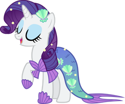 Size: 978x817 | Tagged: safe, derpibooru import, rarity, mermaid, pony, unicorn, eyes closed, female, mare, mermaid tail, mermarity, open mouth, raised hoof, shell, simple background, solo, transparent background