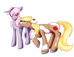 Size: 2250x1750 | Tagged: safe, artist:grace-likes-cake, derpibooru import, oc, oc only, oc:apple crunch, oc:comet star, earth pony, pony, unicorn, blushing, duo, female, floppy ears, looking at each other, male, mare, offspring, parent:applejack, parent:flash sentry, parent:twilight sparkle, parents:flashlight, simple background, stallion, straw in mouth, transparent background, unshorn fetlocks