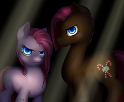 Size: 1938x1600 | Tagged: safe, artist:grace-likes-cake, derpibooru import, pinkie pie, oc, oc:gumdrop, earth pony, pony, crepuscular rays, dramatic lighting, duo, female, like mother like son, looking at you, male, mother and child, mother and son, offspring, parent and child, parent:cheese sandwich, parent:pinkie pie, parents:cheesepie, pinkamena diane pie, stallion