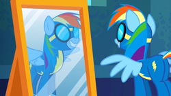 Size: 1280x720 | Tagged: safe, derpibooru import, screencap, rainbow dash, pegasus, pony, newbie dash, butt, clothes, female, goggles, mirror, plot, solo, uniform, wonderbolts, wonderbolts uniform