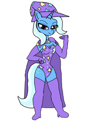 Size: 1454x2000 | Tagged: safe, artist:alvaxerox, derpibooru import, trixie, anthro, unicorn, boots, cleavage, clothes, evening gloves, female, hand, hand on hip, leotard, lidded eyes, looking at you, simple background, smiling, solo, standing, stars, transparent background, trixie's cape, trixie's hat, two toned hair, two toned tail