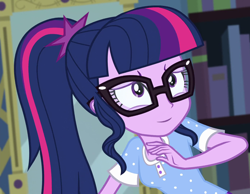 Size: 1390x1080 | Tagged: safe, derpibooru import, edit, edited screencap, editor:mycarhasamoustache, screencap, sci-twi, twilight sparkle, equestria girls, legend of everfree, clothes, cropped, glasses, pajamas, smile edit, solo