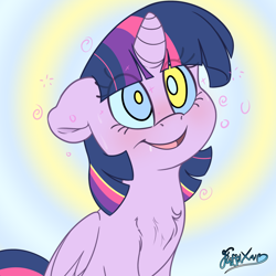 Size: 2000x2000 | Tagged: safe, artist:fluffyxai, derpibooru import, twilight sparkle, twilight sparkle (alicorn), alicorn, pony, abstract background, blushing, chest fluff, female, floppy ears, folded wings, hypnosis, mare, signature, smiling, solo, swirly eyes, wings