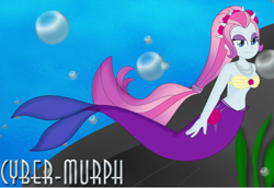 Size: 2320x1600 | Tagged: safe, artist:cyber-murph, derpibooru import, violet blurr, mermaid, equestria girls, background human, belly, belly button, bra, bubble, eyeshadow, female, lidded eyes, makeup, mermaidized, midriff, ponytail, seashell bra, seaweed, signature, species swap, swimming, underwater