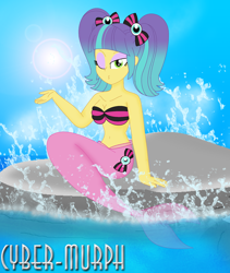 Size: 1936x2293 | Tagged: safe, artist:cyber-murph, derpibooru import, pixel pizazz, mermaid, equestria girls, background human, belly, belly button, blowing a kiss, bra, eyeshadow, female, hair ribbon, kissy face, makeup, mermaidized, midriff, ocean, one eye closed, pigtails, rock, seashell bra, signature, sitting, species swap, wave, wink