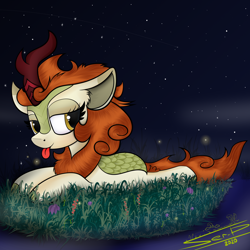 Size: 4000x4000 | Tagged: safe, artist:ser-p, derpibooru import, autumn blaze, kirin, lying down, prone, solo, tongue out